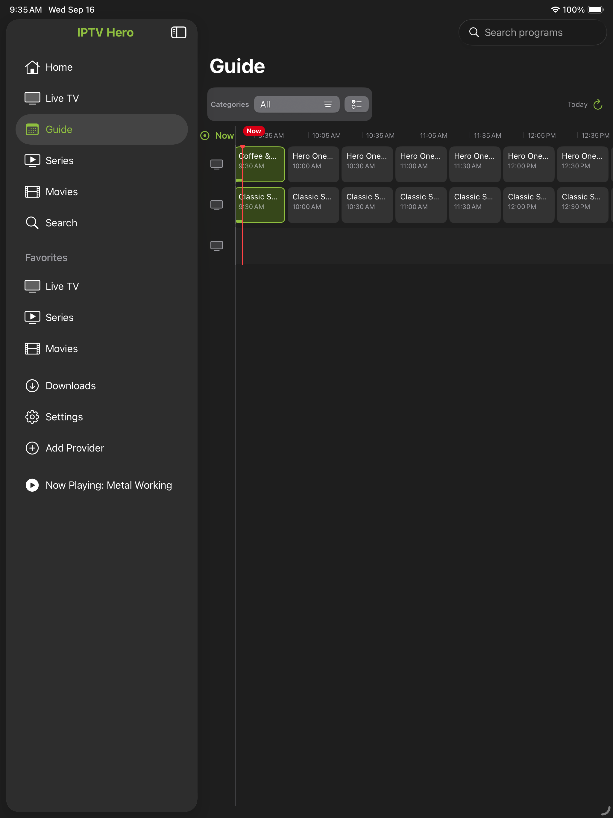 IPTV Hero on iPad showing the program guide: channel logos beside a colour-coded grid of programmes against a timeline.
