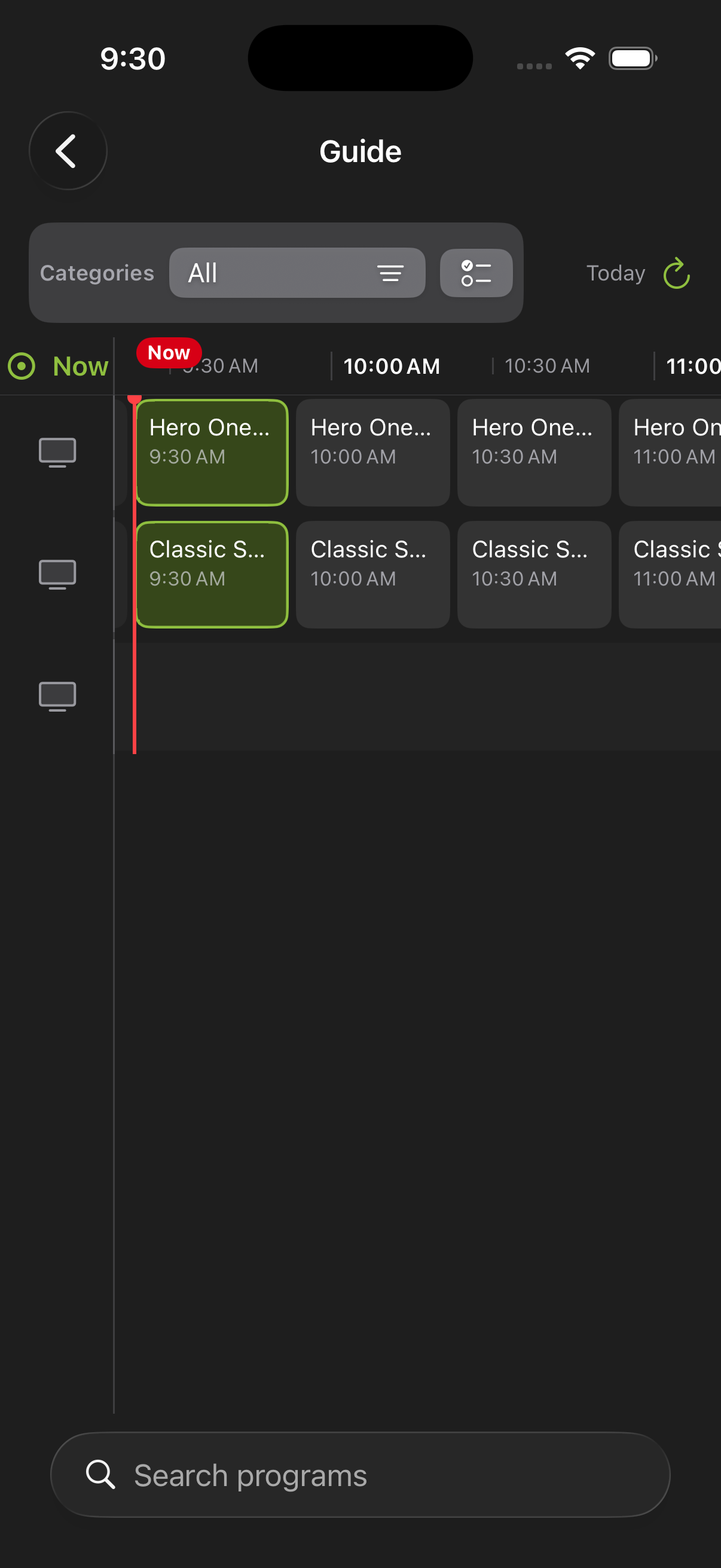 IPTV Hero on iPhone showing the program guide in portrait, with channel logos beside a scrolling timeline.