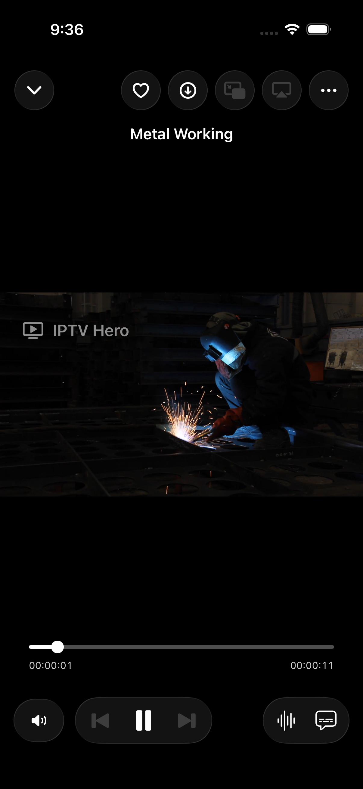 IPTV Hero on iPhone playing a video in portrait, with playback controls overlaid on the video.