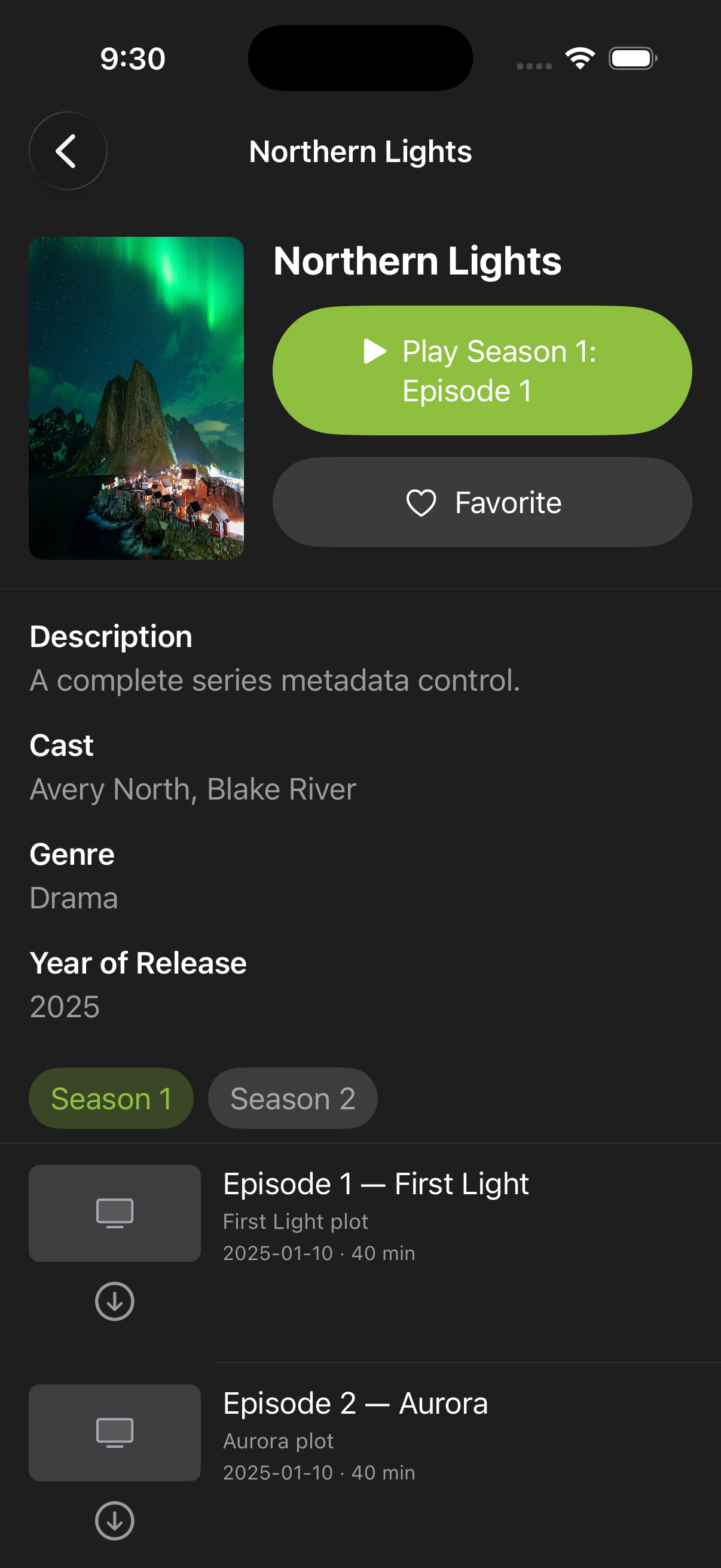 IPTV Hero on iPhone showing a series detail page in portrait.