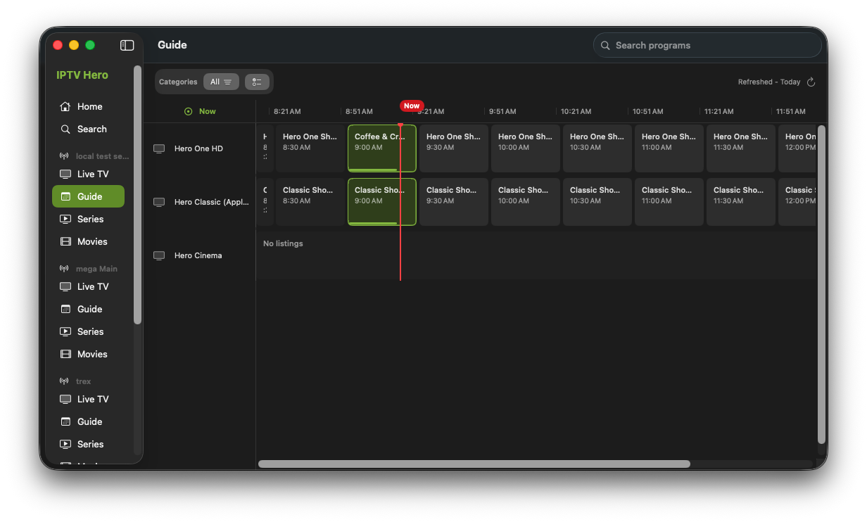 IPTV Hero on Mac showing the program guide: a colour-coded grid of channels against a timeline, with a red now-marker.