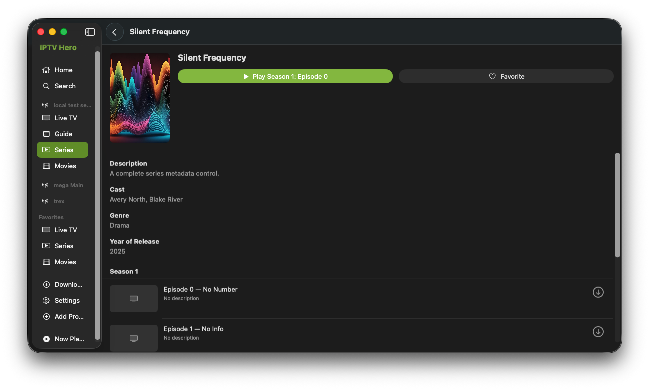 IPTV Hero on Mac showing a series detail view with episode artwork and playback options.